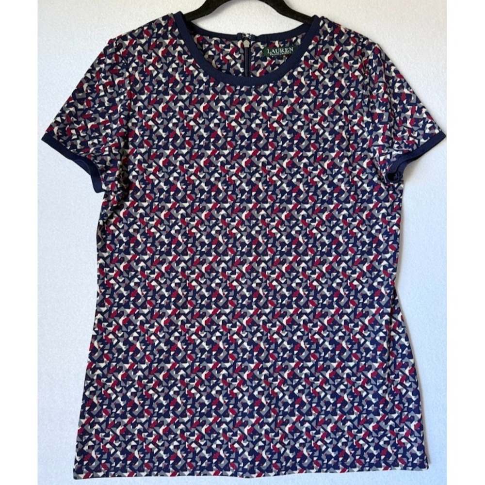 Lauren Ralph Lauren Top Women P L Multicolor Geometric Short Sleeve Back Zip‎